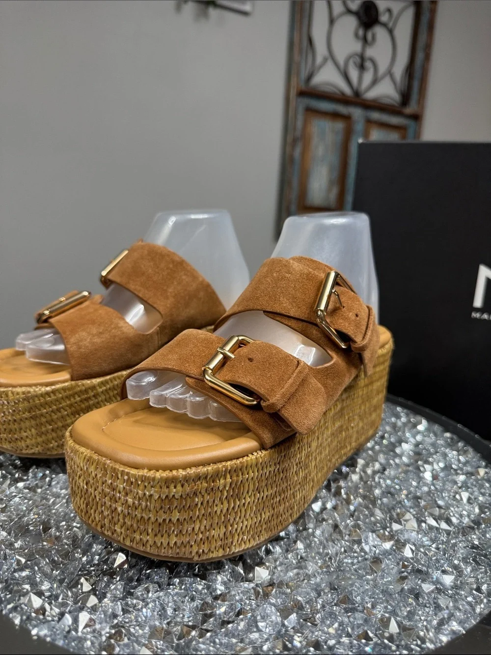 Marc Fisher Palery leather Suede Tan Platform Slide Sandals Buckles Woven sole